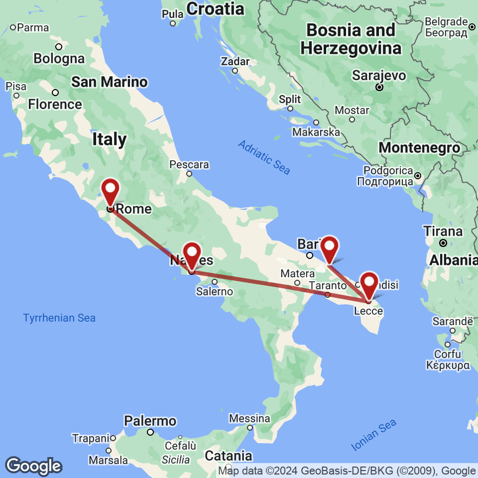 Route for Rome, Naples, Lecce, Monopoli tour